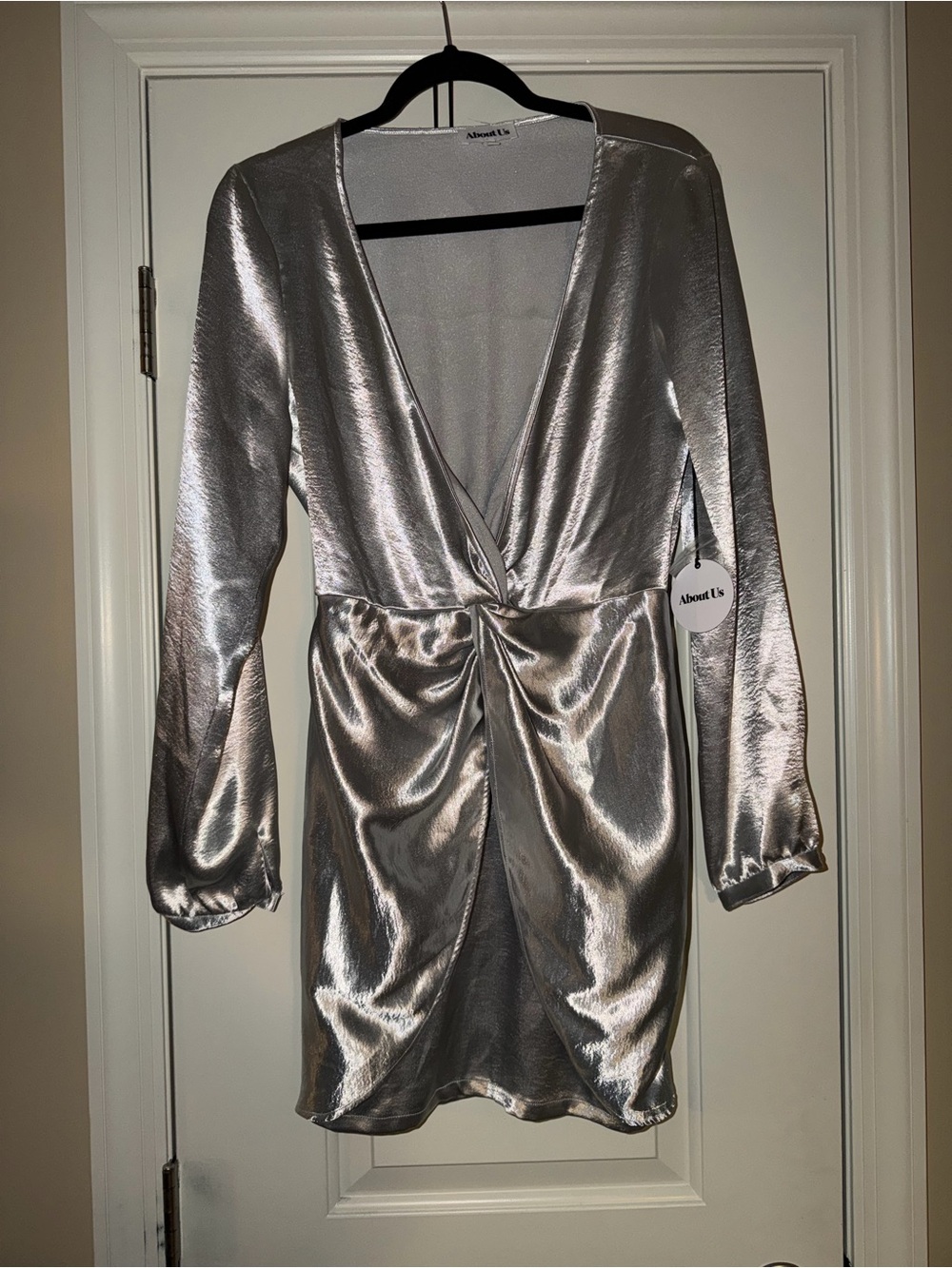 About Us Silver Twist-Front Long Sleeve Mini Dress